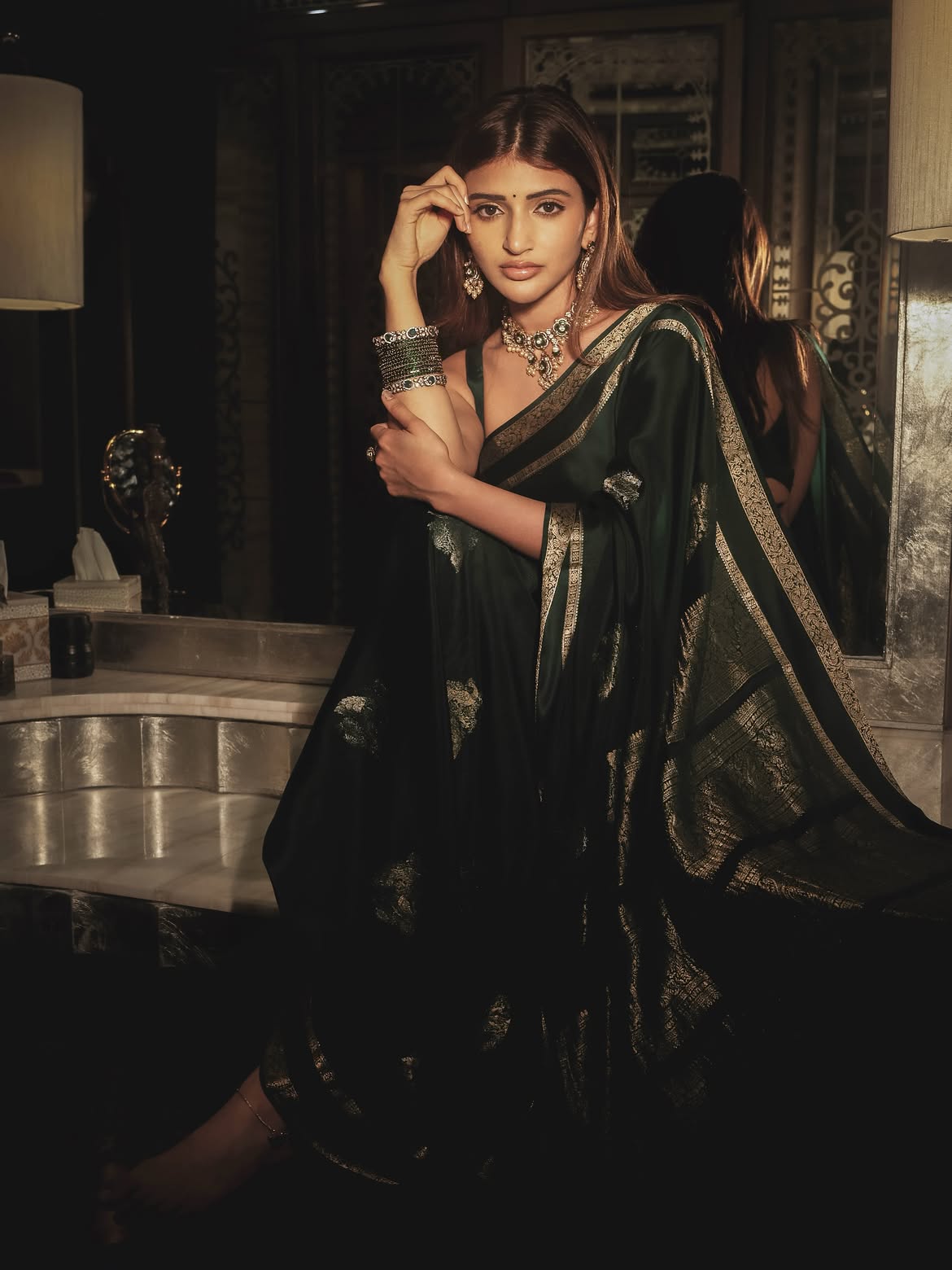 Emerald Dreams in Every Fold @sreeleela 🌱✨ | Soft Kanchipuram Silk Saree