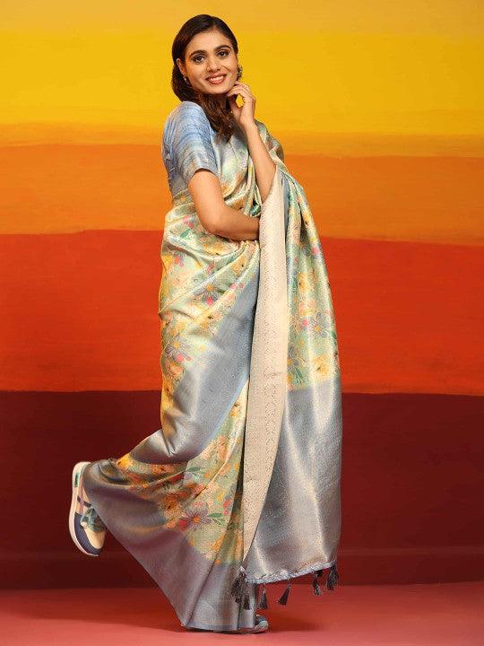 Modern Elegance: Digitally Printed Soft Silk Sarees in Silver