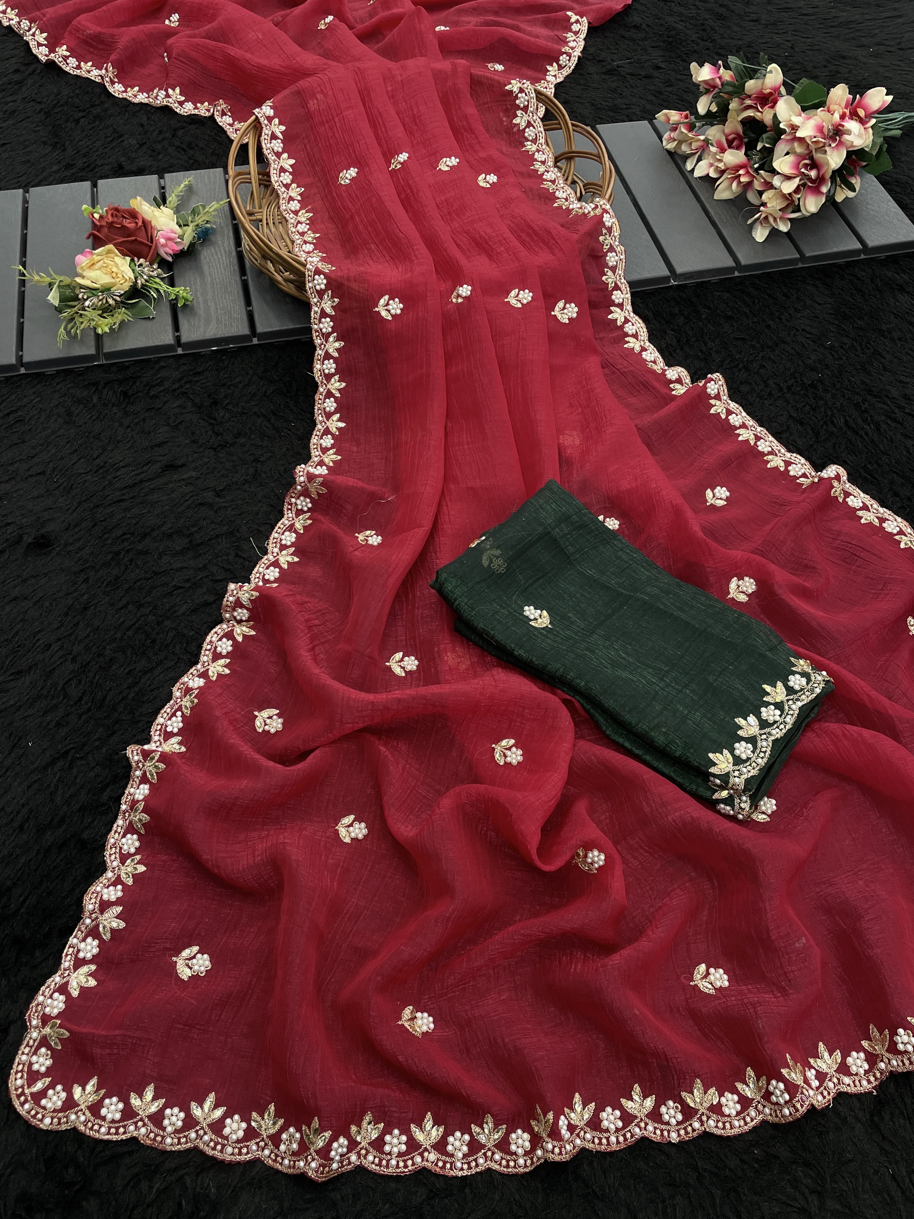 Silken Perfection: Moti Handwork & Contrast Blouse Magic