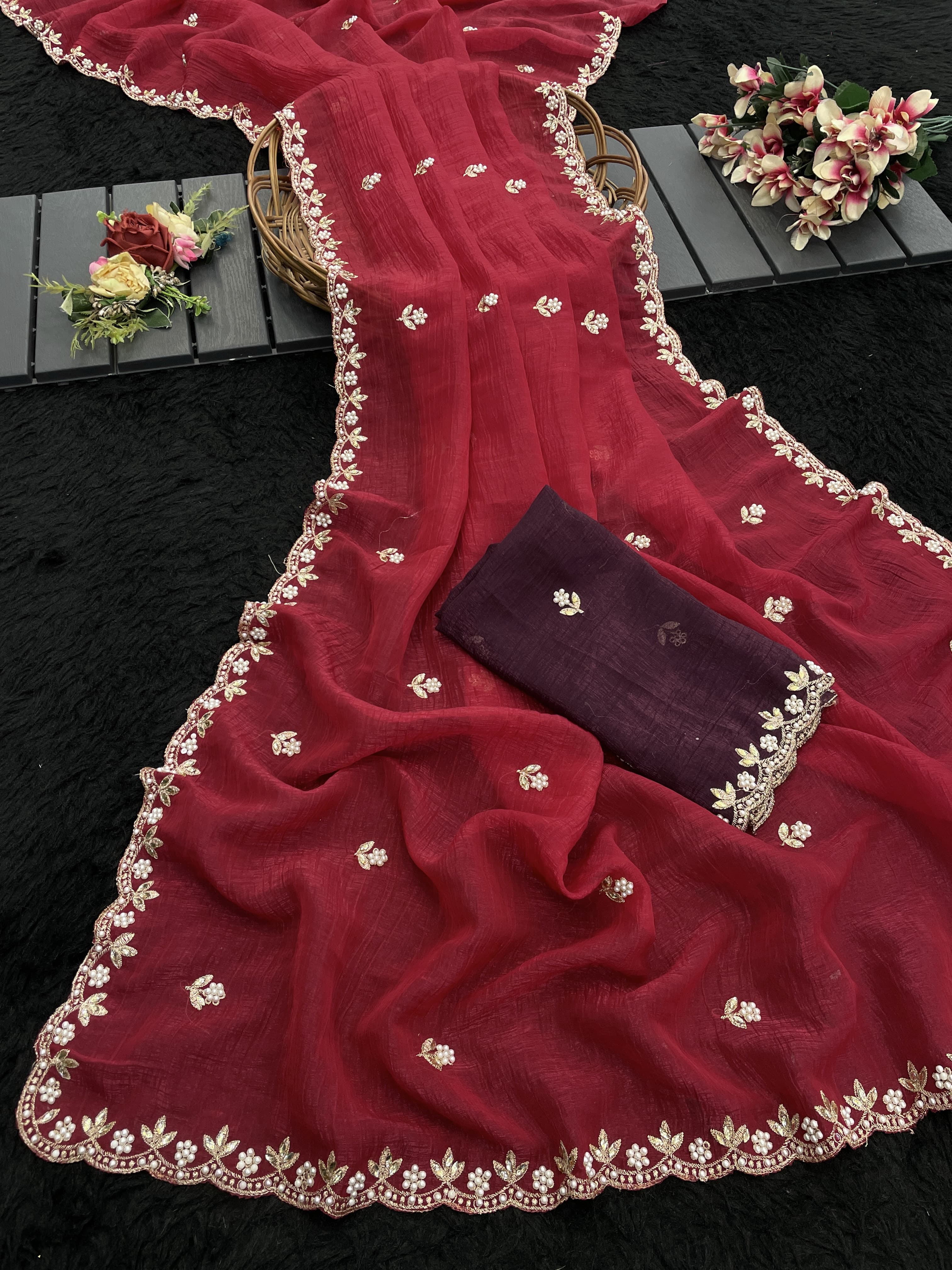 Silken Perfection: Moti Handwork & Contrast Blouse Magic