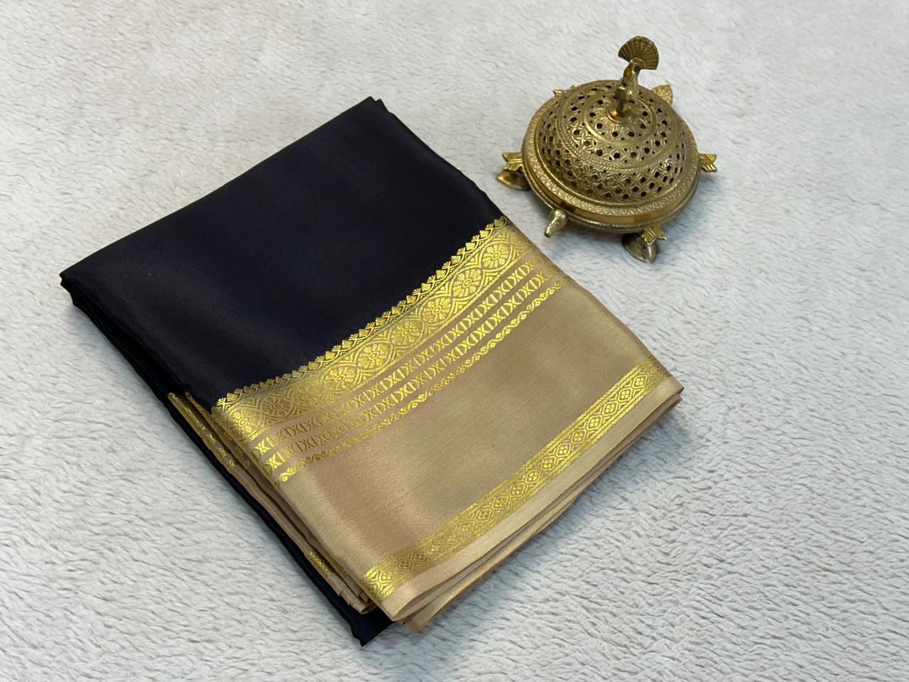 Classic Solid Silk Blend Saree with Rich Traditional Gold  Border