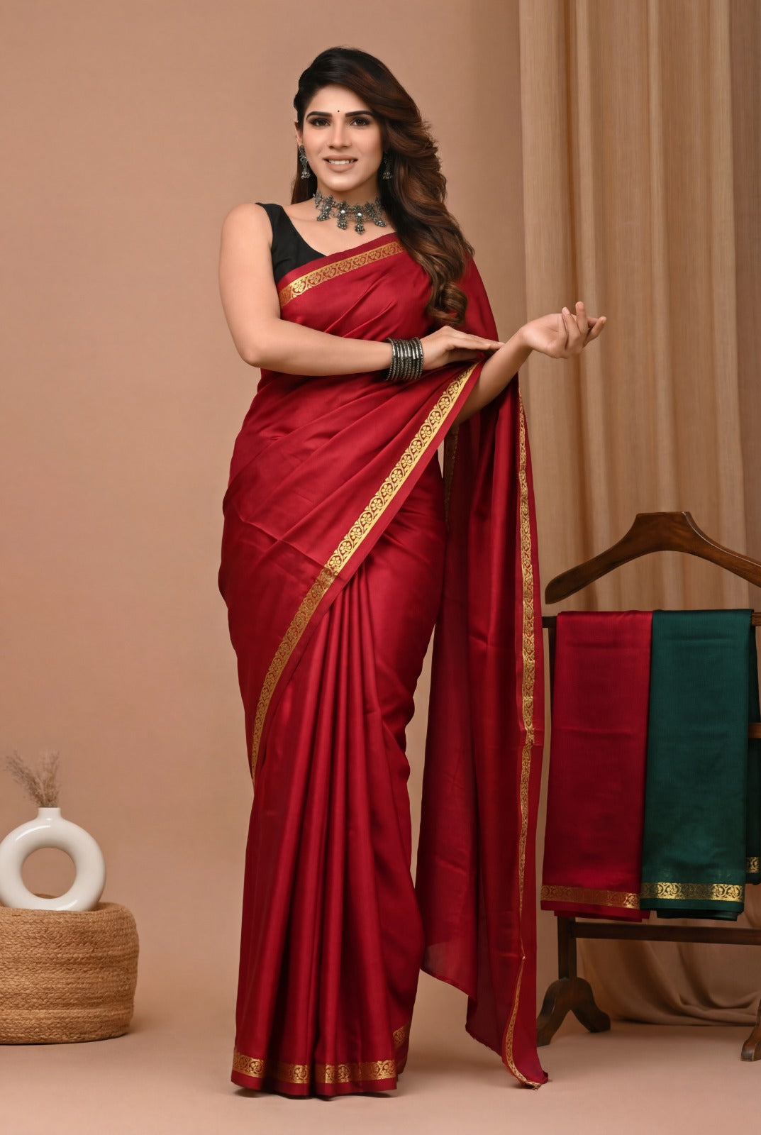 Elegant Solid Silk Blend Saree Featuring Rich Traditional Gold  Border