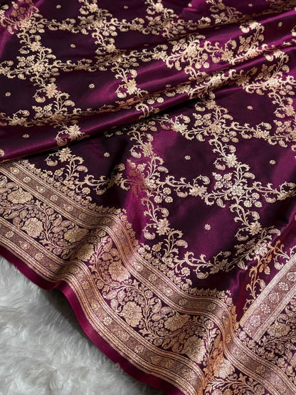 Jaal Pattern Banarasi Satin Silk Saree | Satin Katan Silk Saree by Mysorepattu