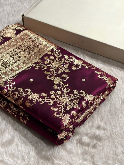 Jaal Pattern Banarasi Satin Silk Saree | Satin Katan Silk Saree by Mysorepattu