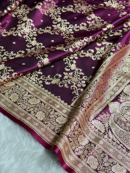 Jaal Pattern Banarasi Satin Silk Saree | Satin Katan Silk Saree by Mysorepattu