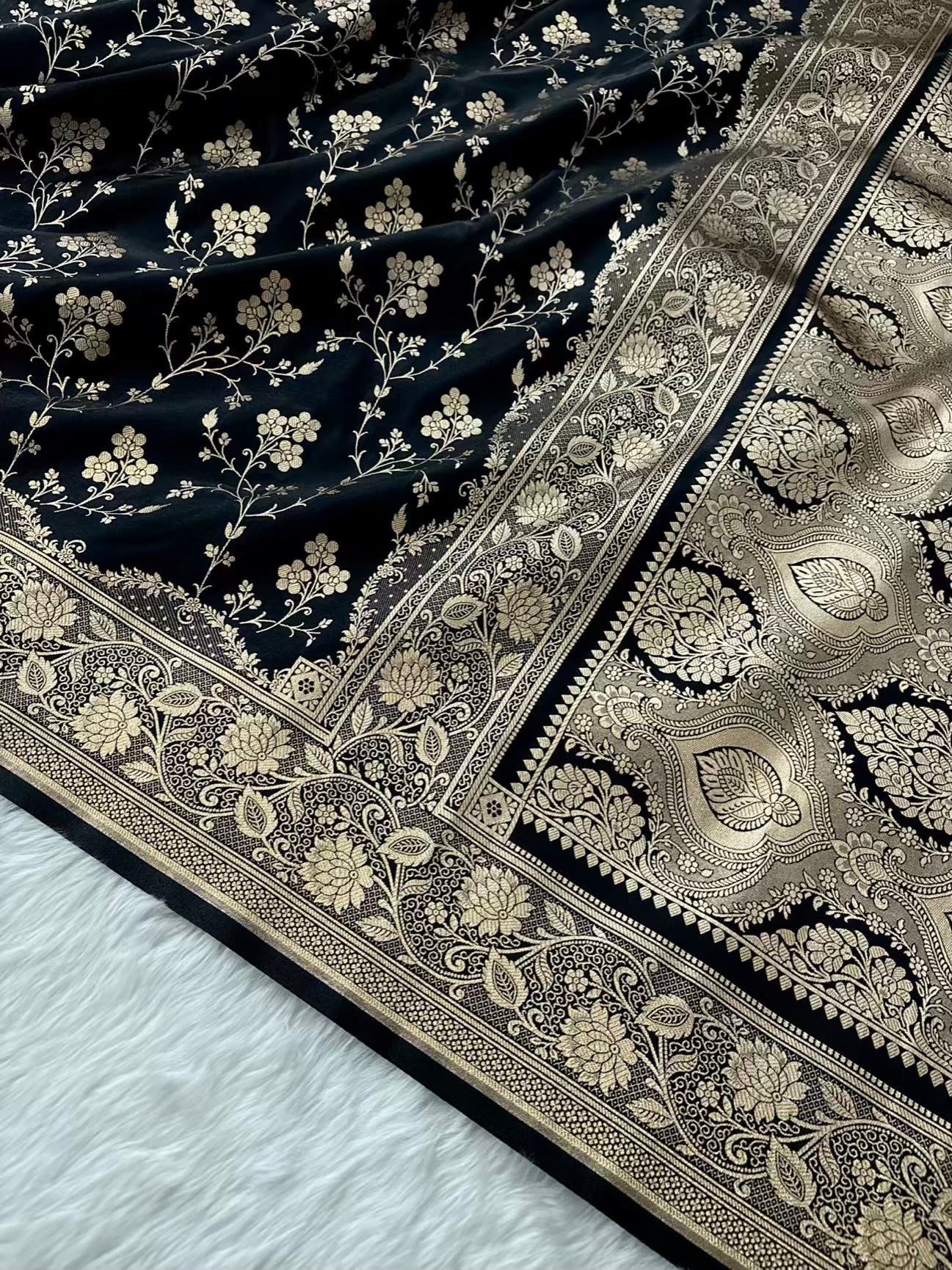 Fire Gold Banarasi Satin Silk Saree with Booti Work | Luxury Wedding & Festive Wear Saree for Women