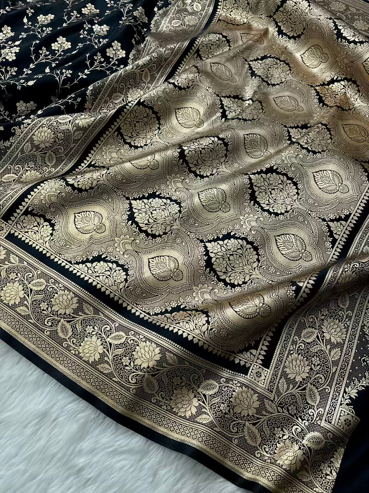 Fire Gold Banarasi Satin Silk Saree with Booti Work | Luxury Wedding & Festive Wear Saree for Women