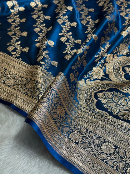 Banarasi Cross Jaal Satin Katan Silk Saree | Jacquard Woven Traditional Banarasi Saree