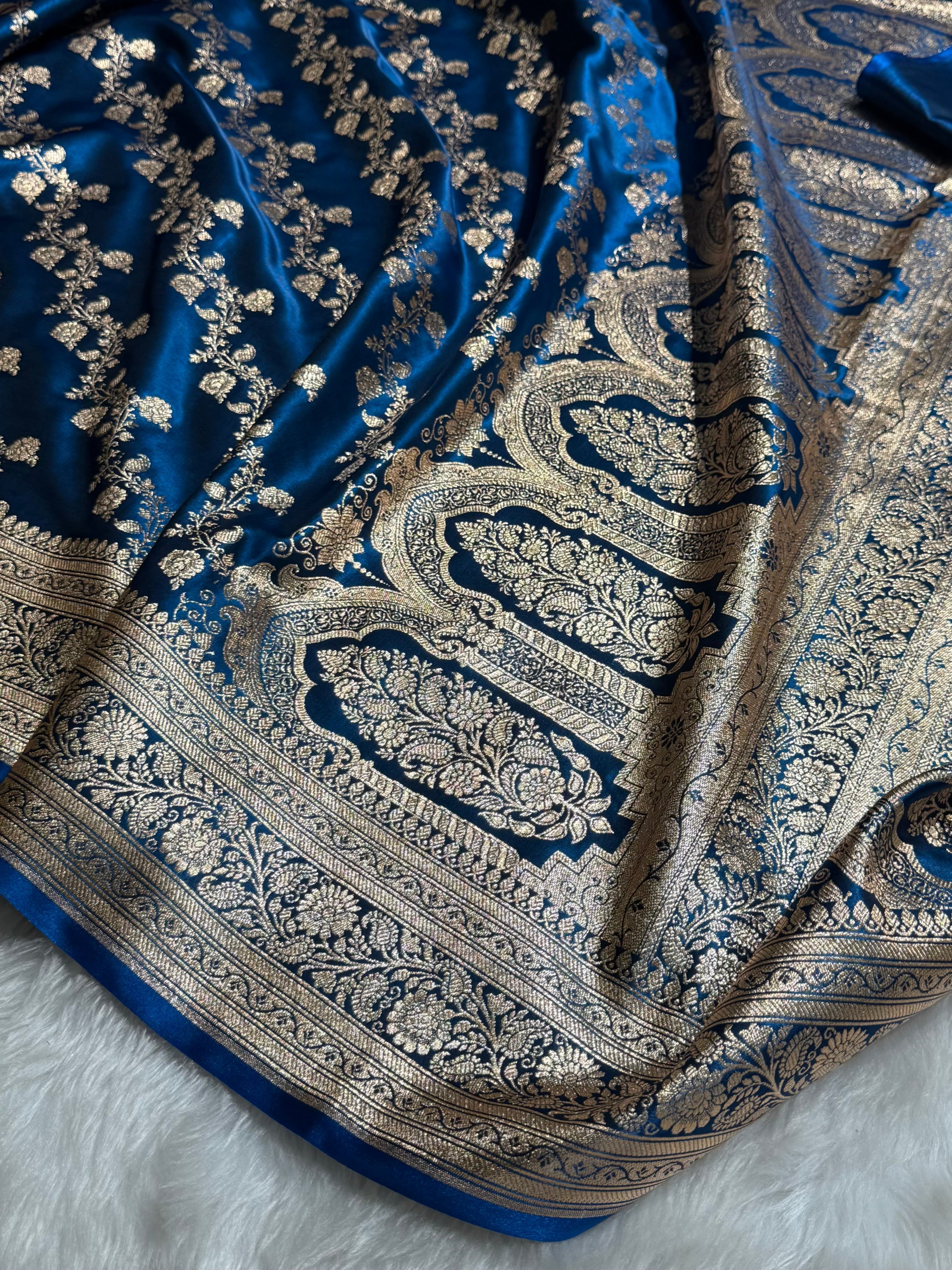 Banarasi Cross Jaal Satin Katan Silk Saree | Jacquard Woven Traditional Banarasi Saree