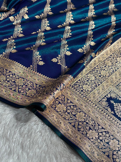 Cross Pattern Banarasi Satin Silk Saree in Maroon | Premium Jacquard Weave