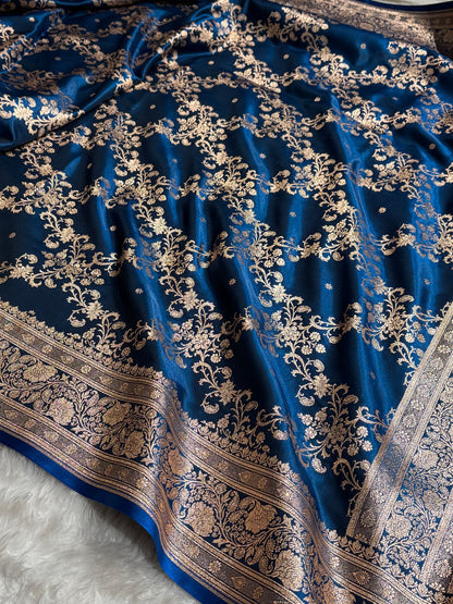 Jaal Pattern Banarasi Satin Silk Saree | Satin Katan Silk Saree by Mysorepattu