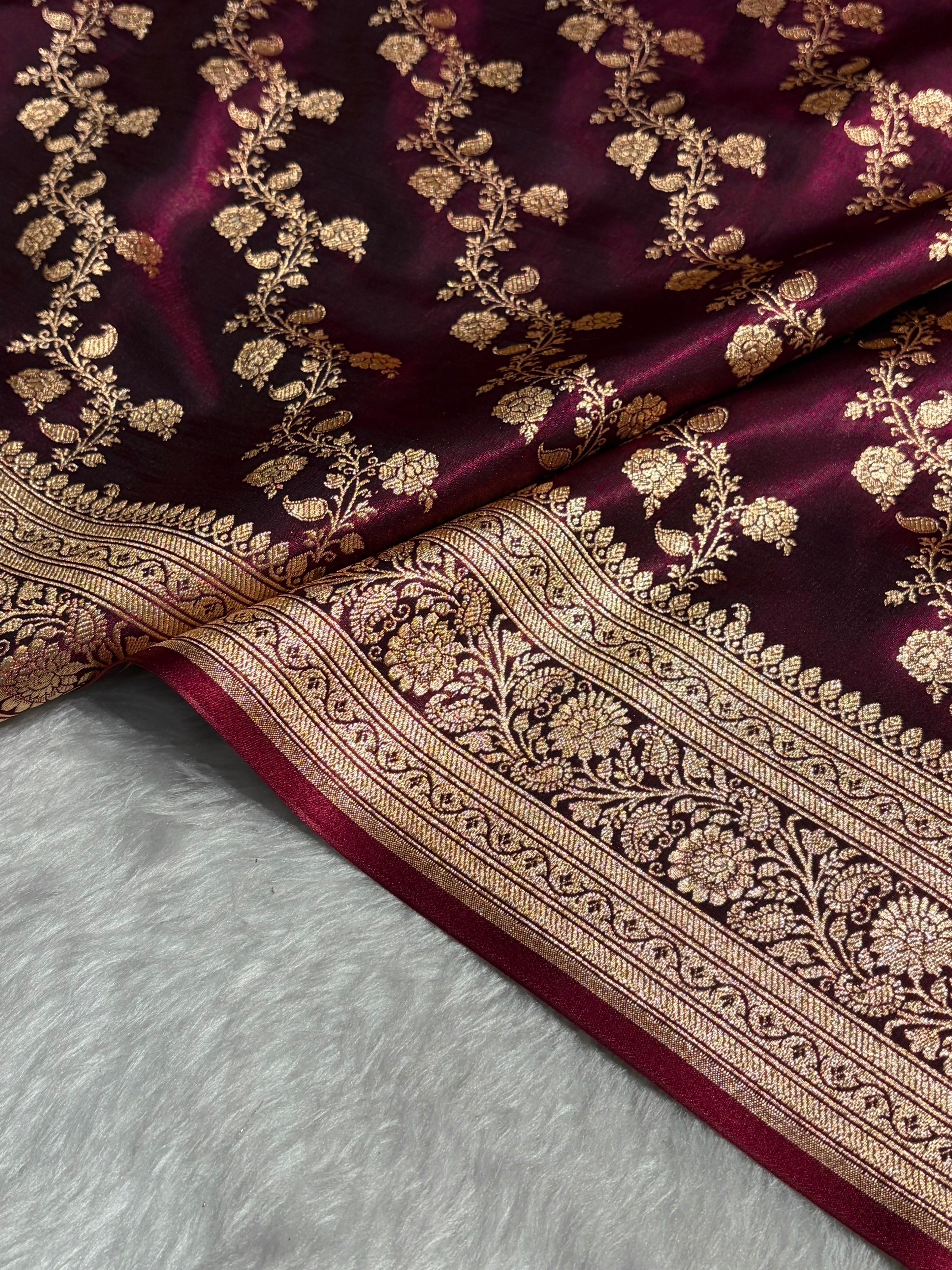 Banarasi Cross Jaal Satin Katan Silk Saree | Jacquard Woven Traditional Banarasi Saree