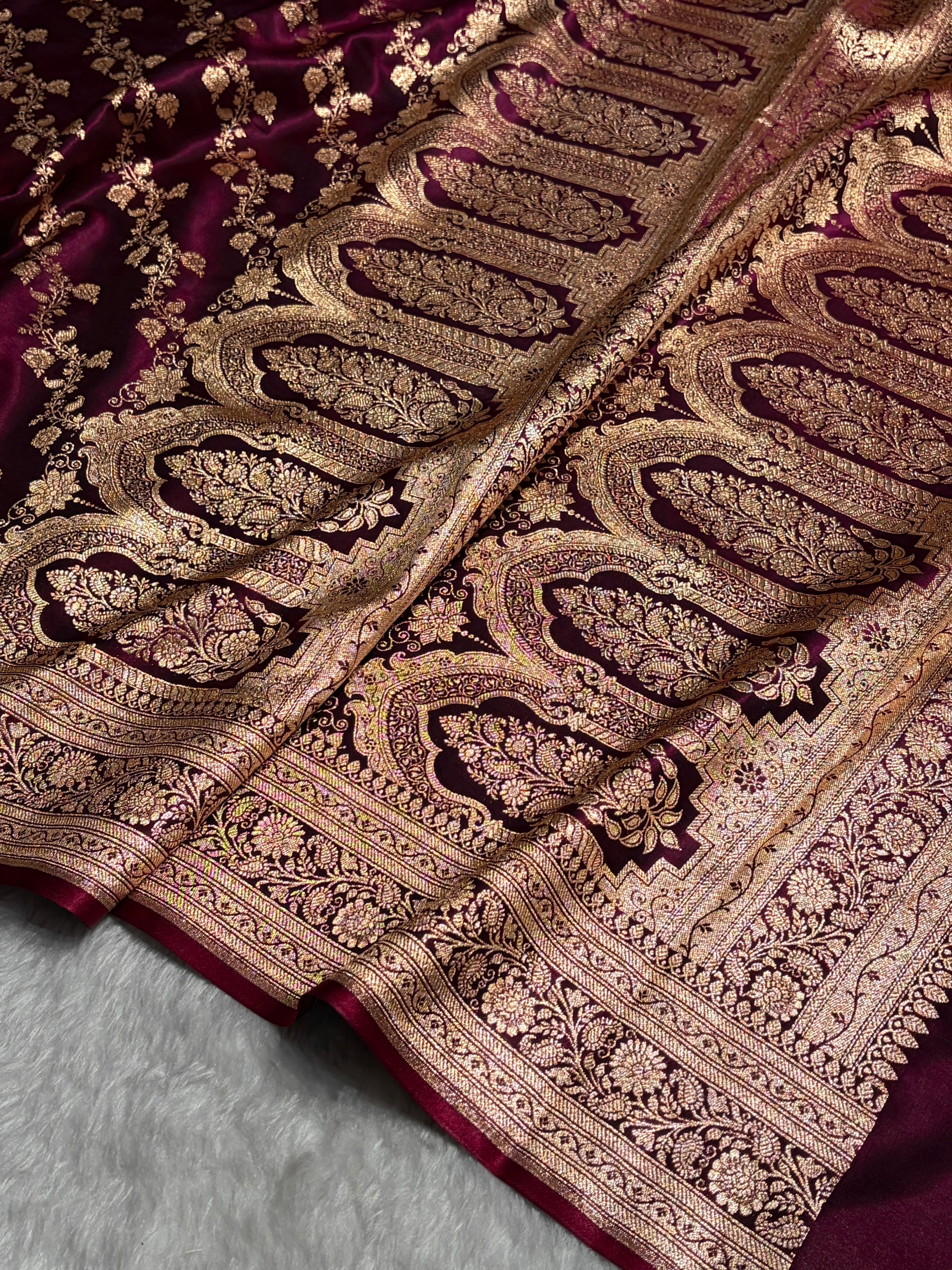 Banarasi Cross Jaal Satin Katan Silk Saree | Jacquard Woven Traditional Banarasi Saree