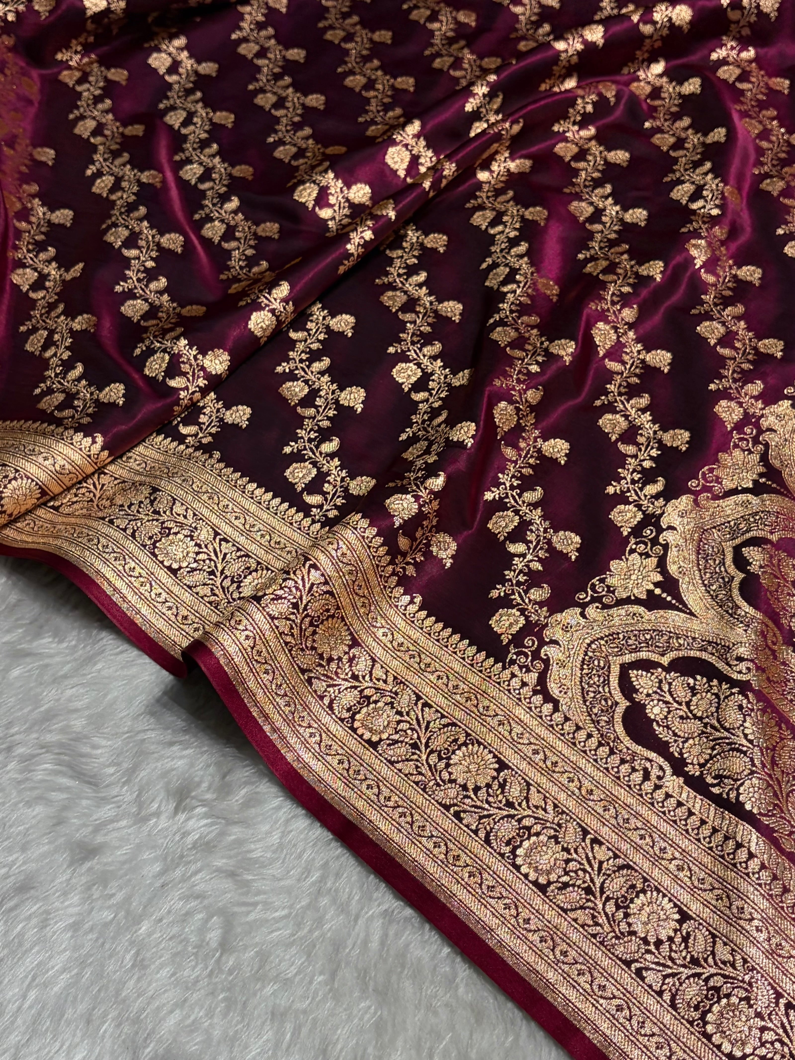 Banarasi Cross Jaal Satin Katan Silk Saree | Jacquard Woven Traditional Banarasi Saree