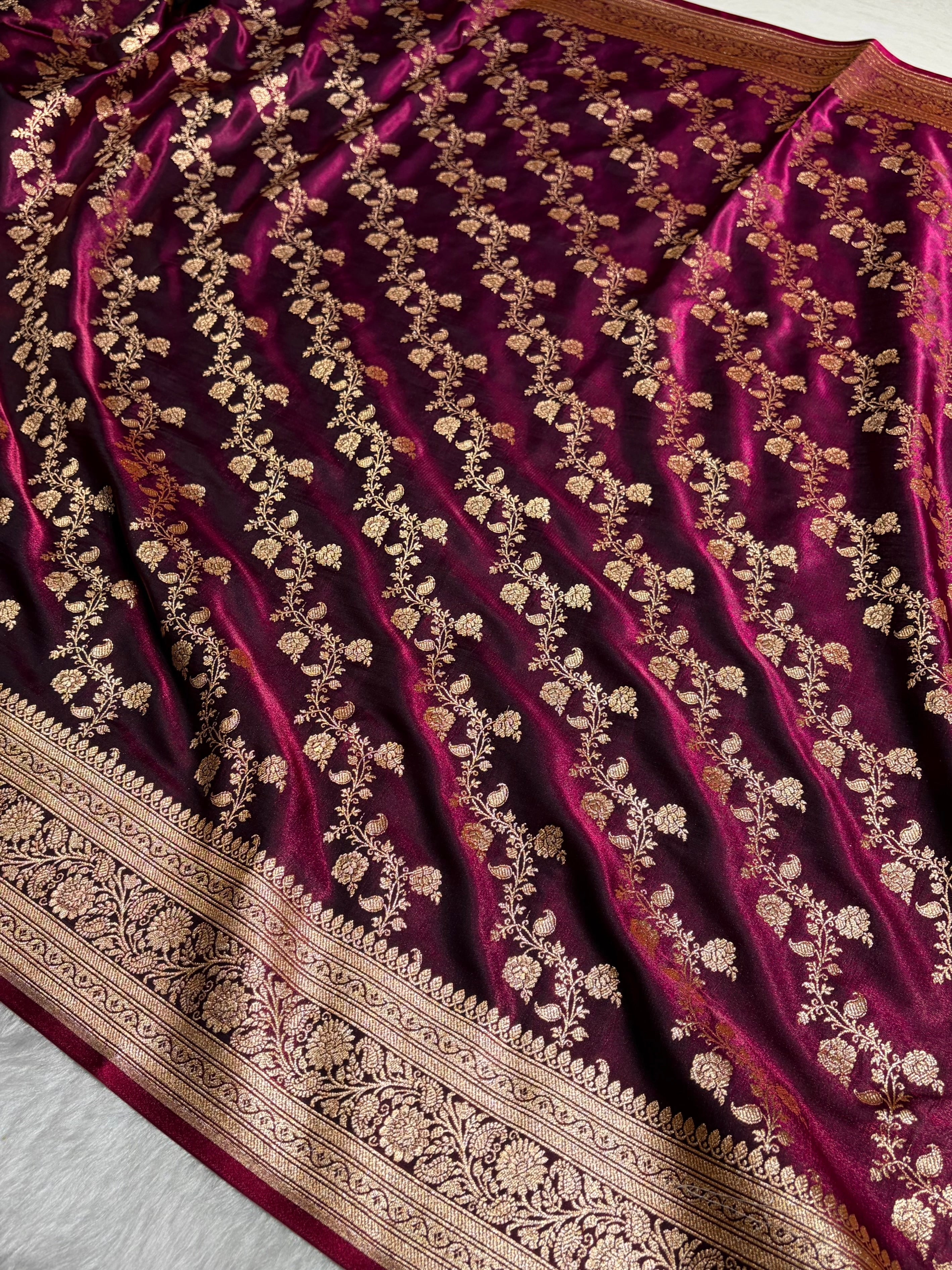 Banarasi Cross Jaal Satin Katan Silk Saree | Jacquard Woven Traditional Banarasi Saree