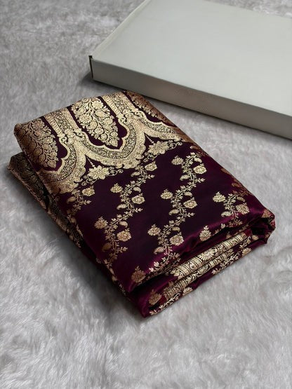 Banarasi Cross Jaal Satin Katan Silk Saree | Jacquard Woven Traditional Banarasi Saree