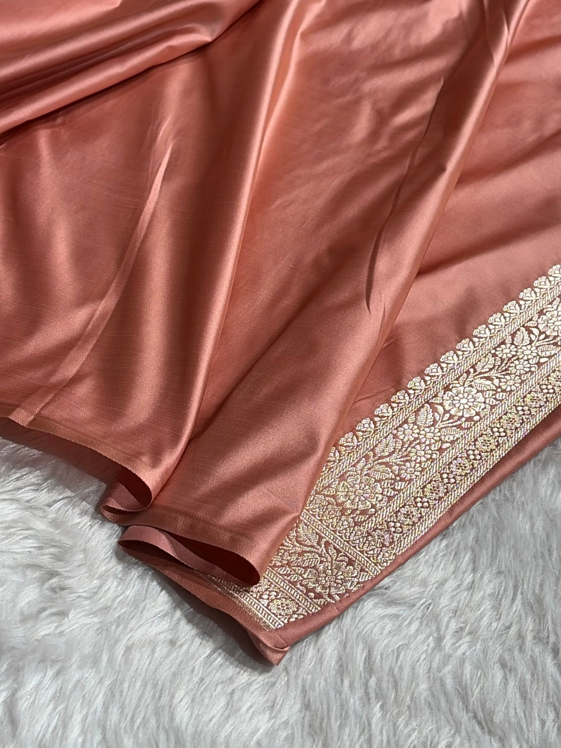 Banarasi Mashru Silk Saree with Floral Scalloped Border & Rupa Sona Motifs