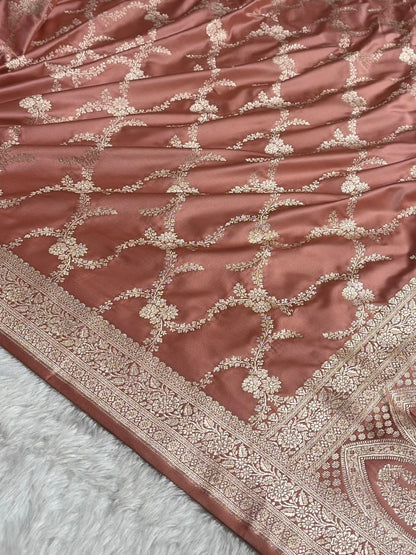 Banarasi Mashru Silk Saree with Floral Scalloped Border & Rupa Sona Motifs