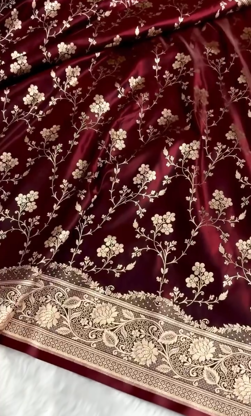 Fire Gold Banarasi Satin Silk Saree with Booti Work | Luxury Wedding & Festive Wear Saree for Women