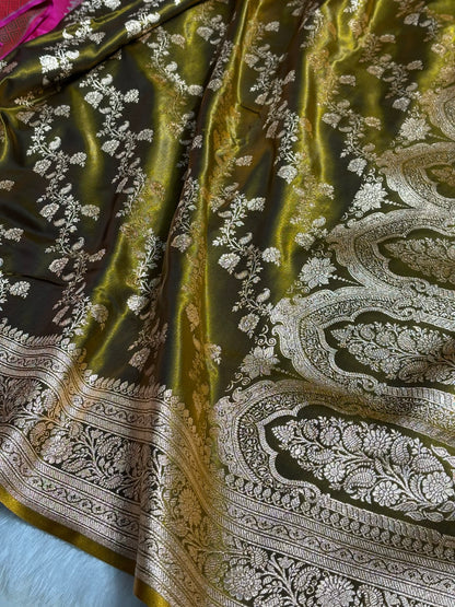 Banarasi Cross Jaal Satin Katan Silk Saree | Jacquard Woven Traditional Banarasi Saree