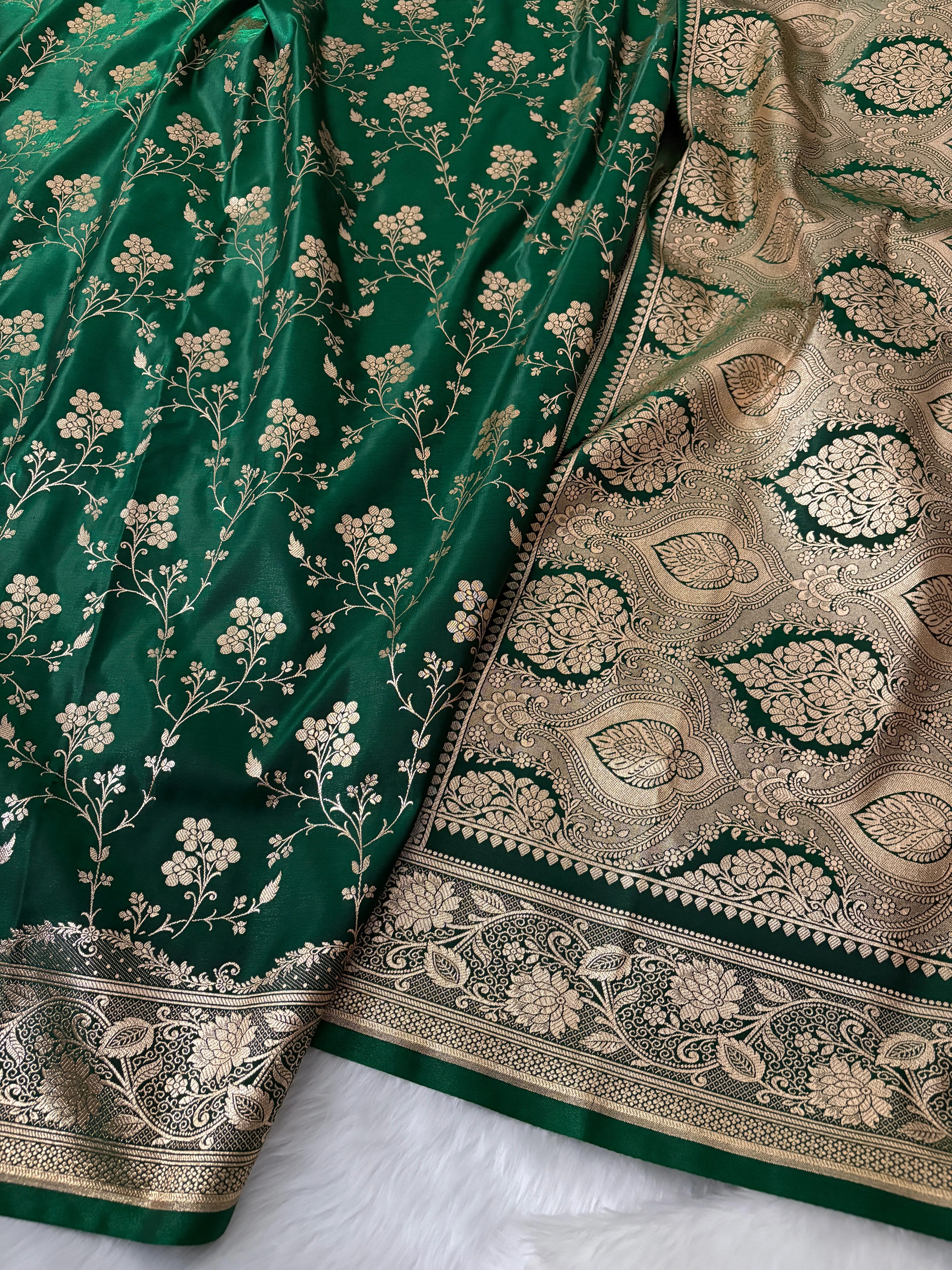 Fire Gold Banarasi Satin Silk Saree with Booti Work | Luxury Wedding & Festive Wear Saree for Women