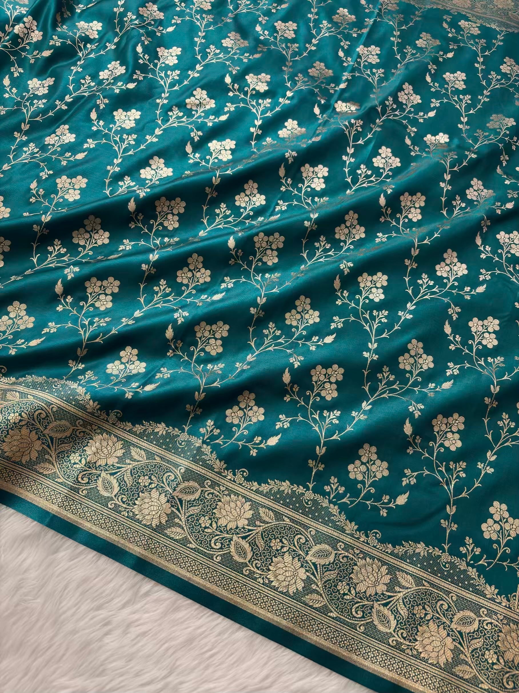 Fire Gold Banarasi Satin Silk Saree with Booti Work | Luxury Wedding & Festive Wear Saree for Women