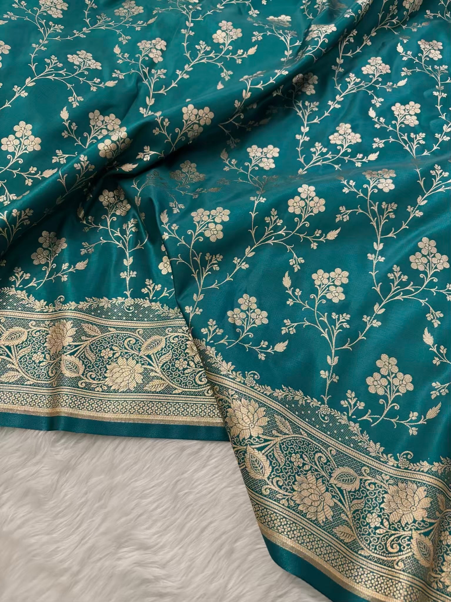 Fire Gold Banarasi Satin Silk Saree with Booti Work | Luxury Wedding & Festive Wear Saree for Women