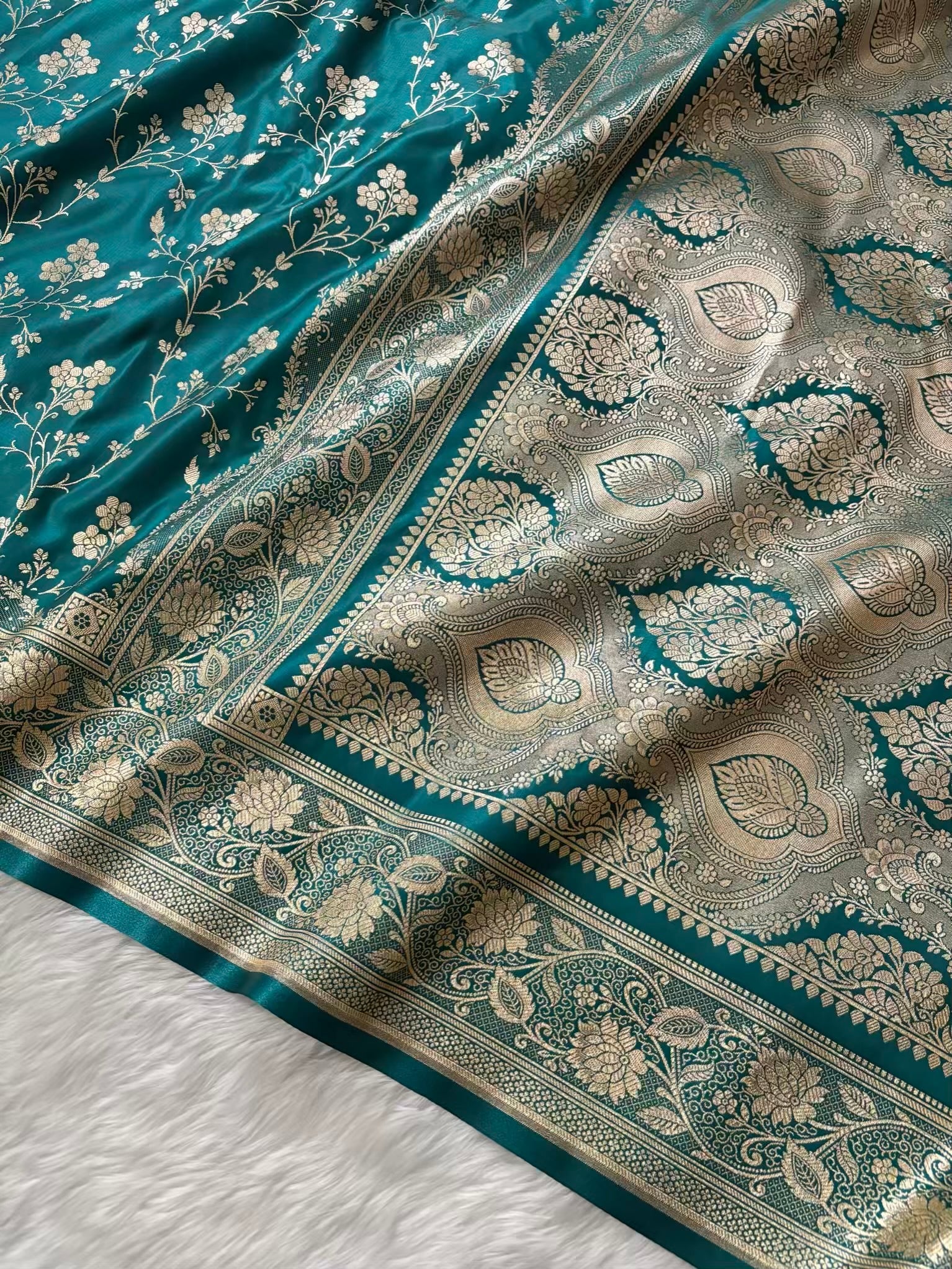 Fire Gold Banarasi Satin Silk Saree with Booti Work | Luxury Wedding & Festive Wear Saree for Women