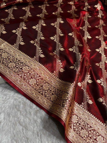 Cross Pattern Banarasi Satin Silk Saree in Maroon | Premium Jacquard Weave