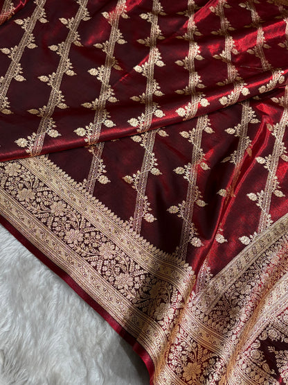 Cross Pattern Banarasi Satin Silk Saree in Maroon | Premium Jacquard Weave