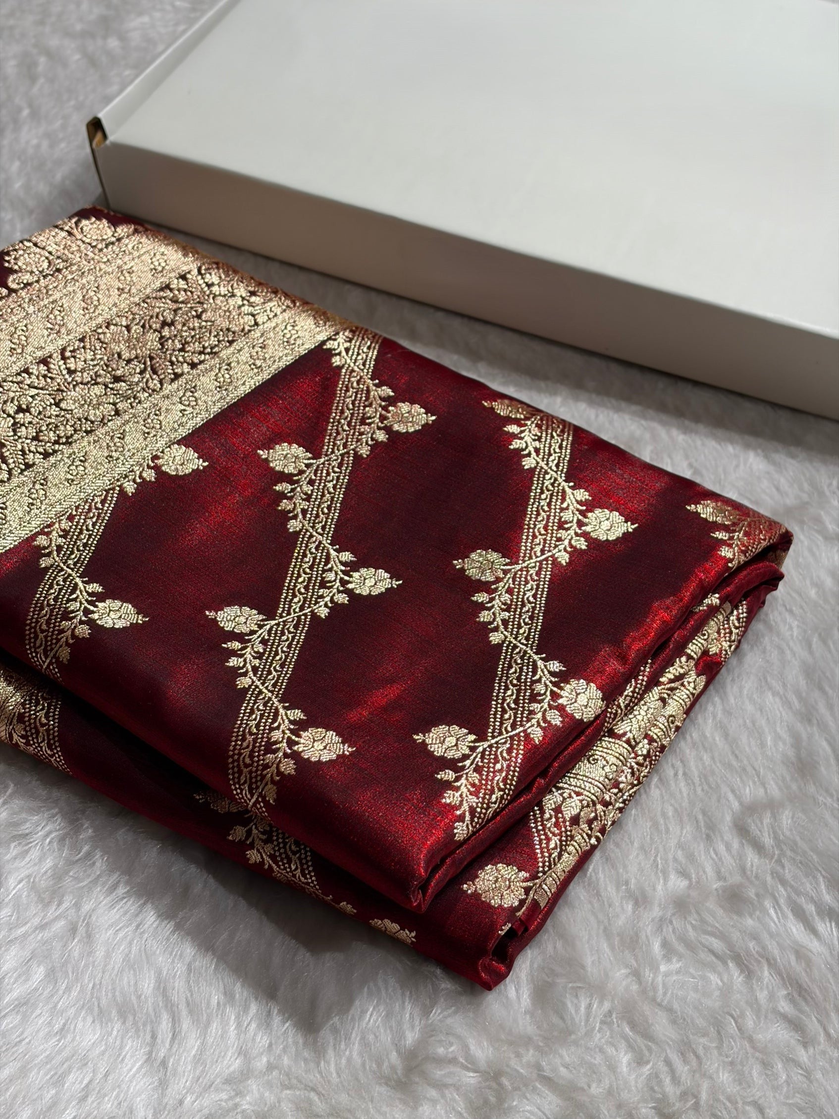 Cross Pattern Banarasi Satin Silk Saree in Maroon | Premium Jacquard Weave