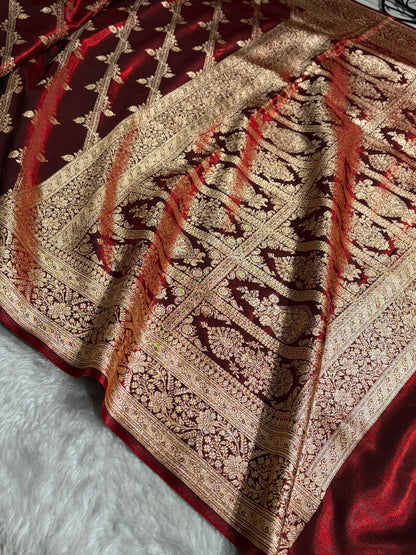 Cross Pattern Banarasi Satin Silk Saree in Maroon | Premium Jacquard Weave