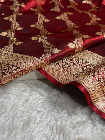 Cross Pattern Banarasi Satin Silk Saree in Maroon | Premium Jacquard Weave