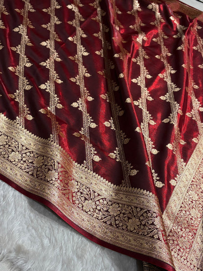Cross Pattern Banarasi Satin Silk Saree in Maroon | Premium Jacquard Weave