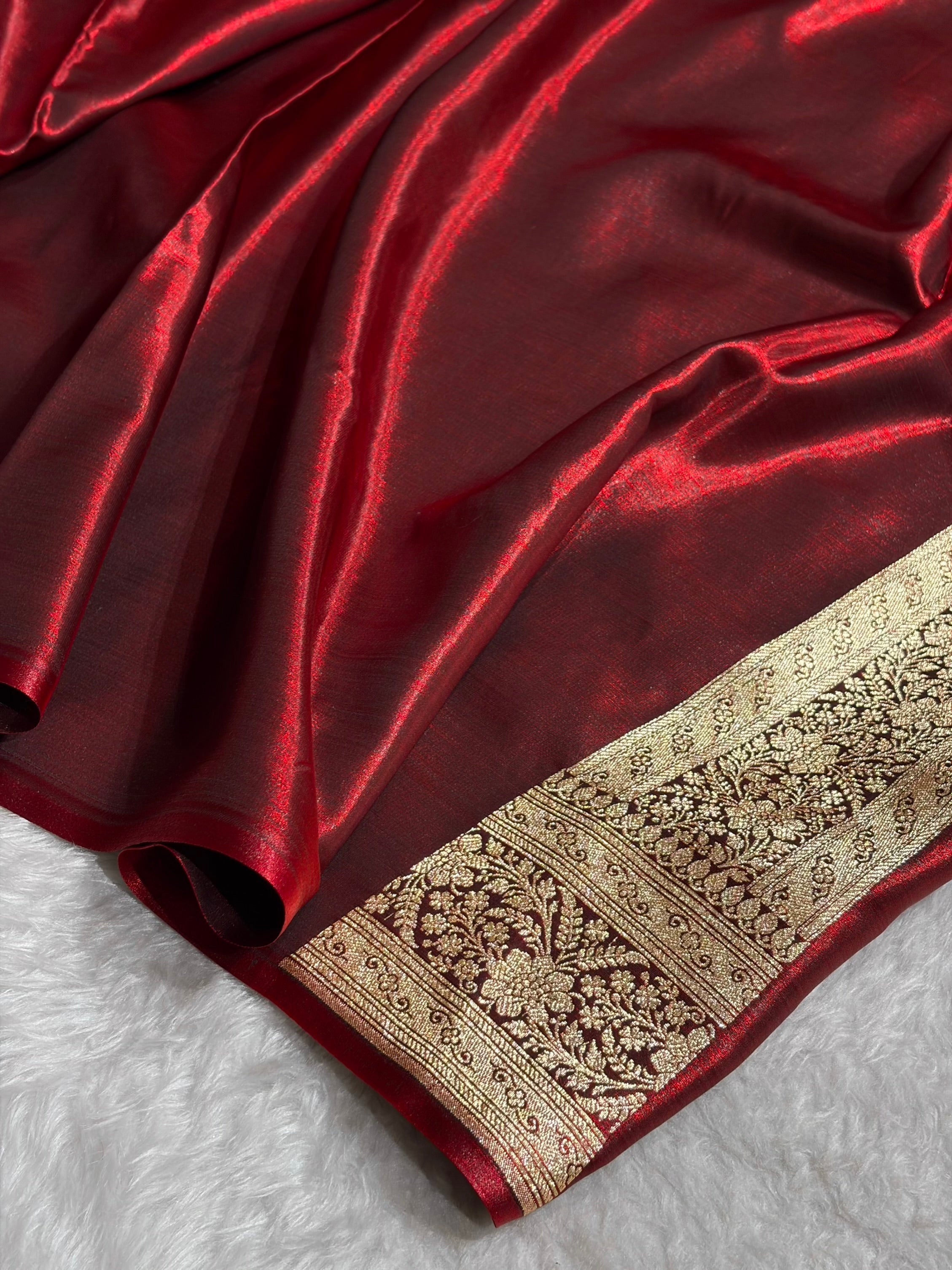 Cross Pattern Banarasi Satin Silk Saree in Maroon | Premium Jacquard Weave