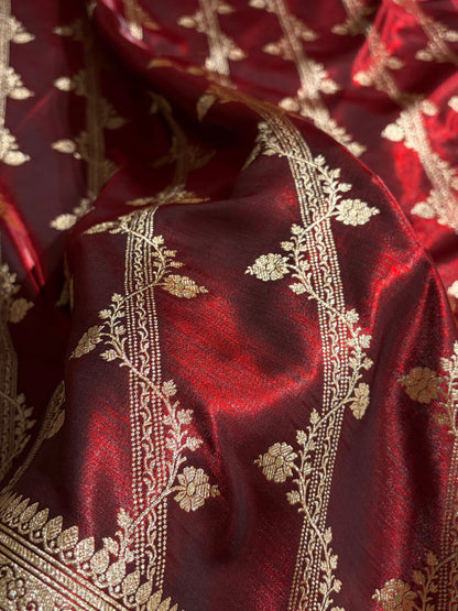 Cross Pattern Banarasi Satin Silk Saree in Maroon | Premium Jacquard Weave