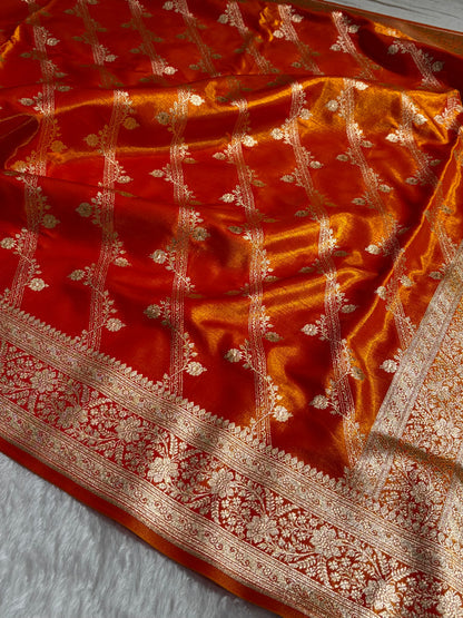 Cross Pattern Banarasi Satin Silk Saree in Maroon | Premium Jacquard Weave
