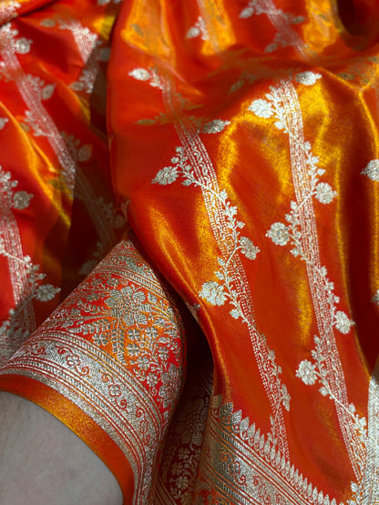 Cross Pattern Banarasi Satin Silk Saree in Maroon | Premium Jacquard Weave