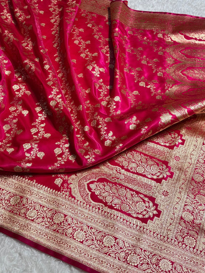Banarasi Cross Jaal Satin Katan Silk Saree | Jacquard Woven Traditional Banarasi Saree