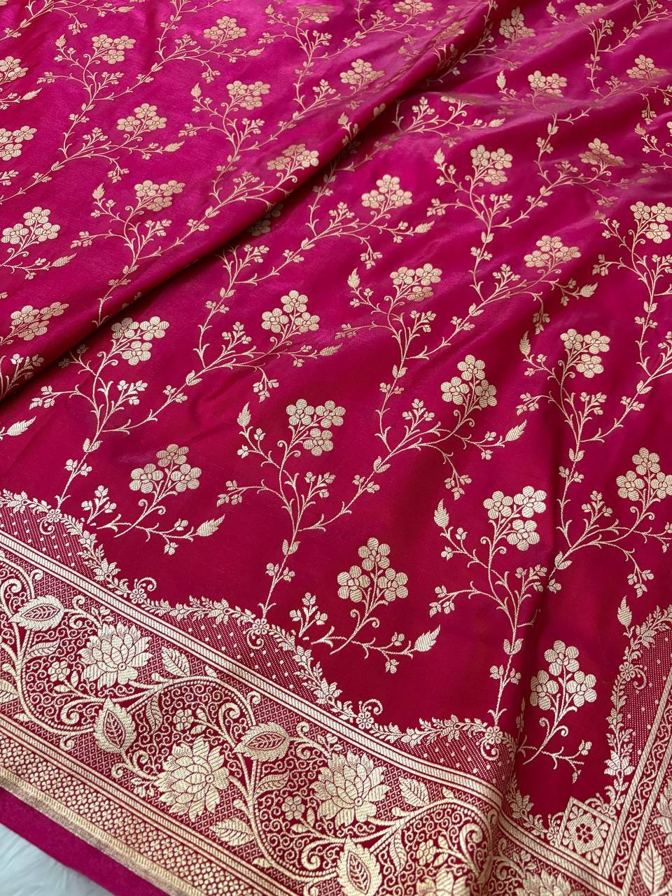 Fire Gold Banarasi Satin Silk Saree with Booti Work | Luxury Wedding & Festive Wear Saree for Women