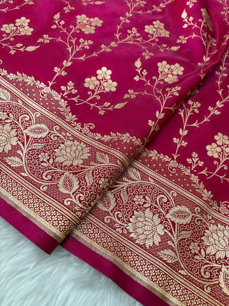 Fire Gold Banarasi Satin Silk Saree with Booti Work | Luxury Wedding & Festive Wear Saree for Women
