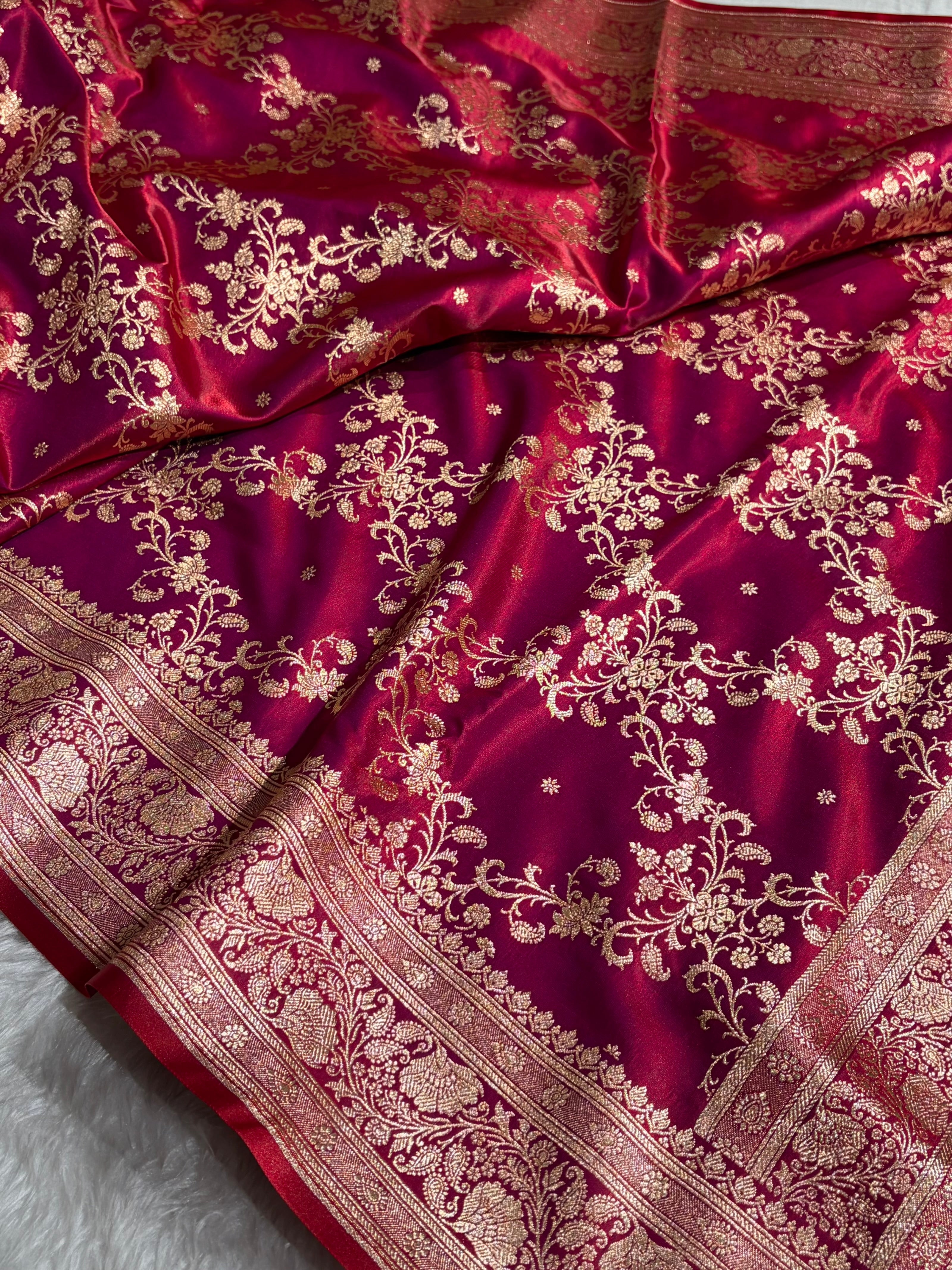 Jaal Pattern Banarasi Satin Silk Saree | Satin Katan Silk Saree by Mysorepattu