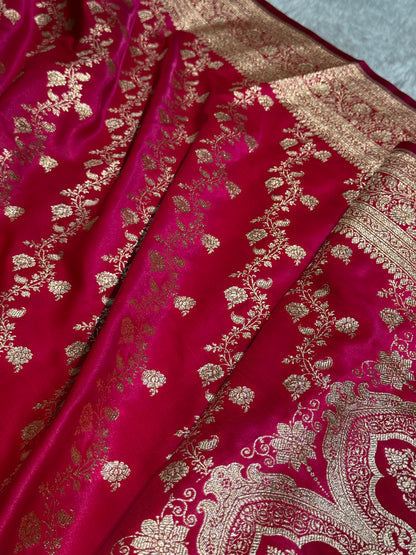 Banarasi Cross Jaal Satin Katan Silk Saree | Jacquard Woven Traditional Banarasi Saree