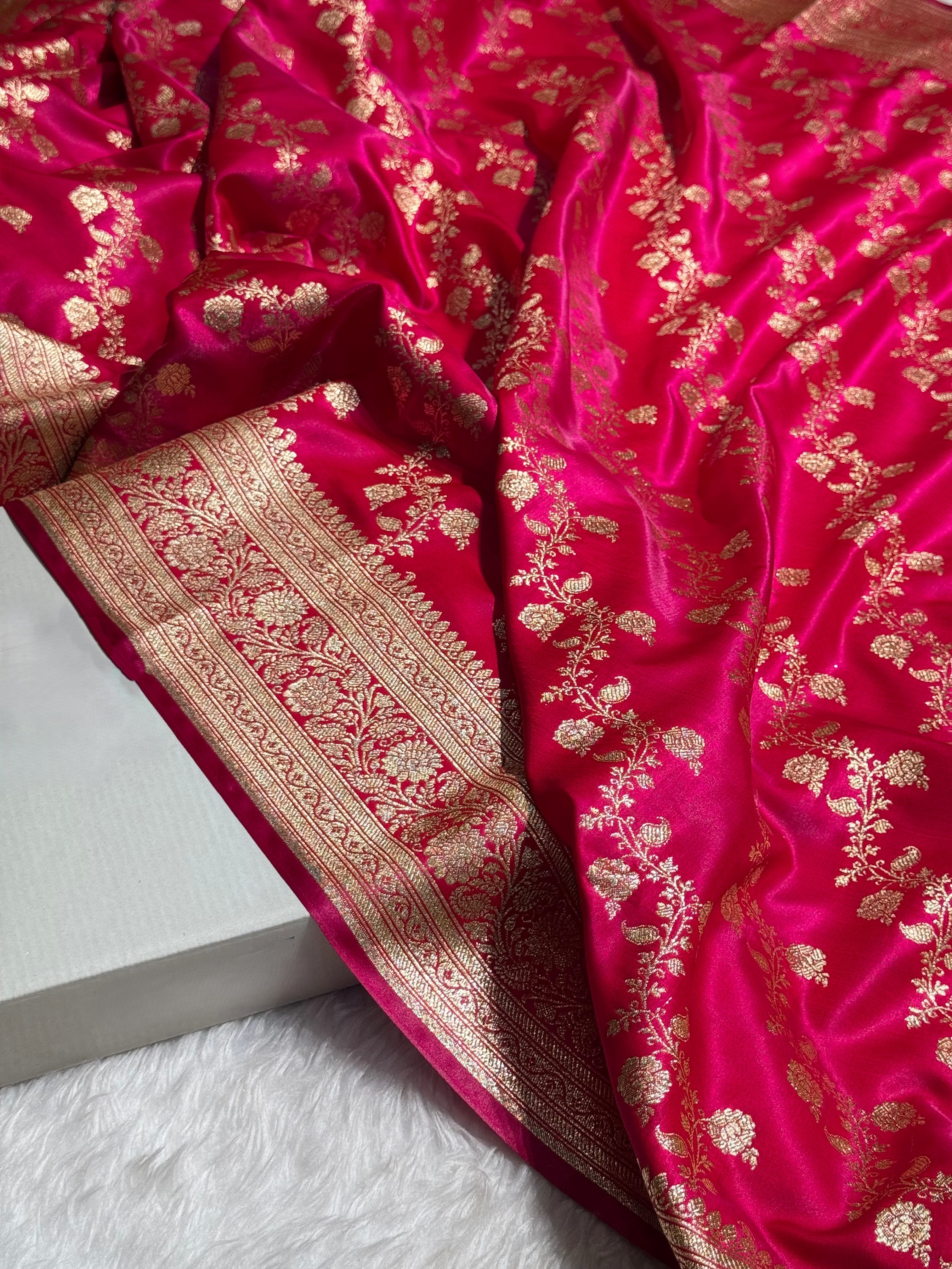 Banarasi Cross Jaal Satin Katan Silk Saree | Jacquard Woven Traditional Banarasi Saree