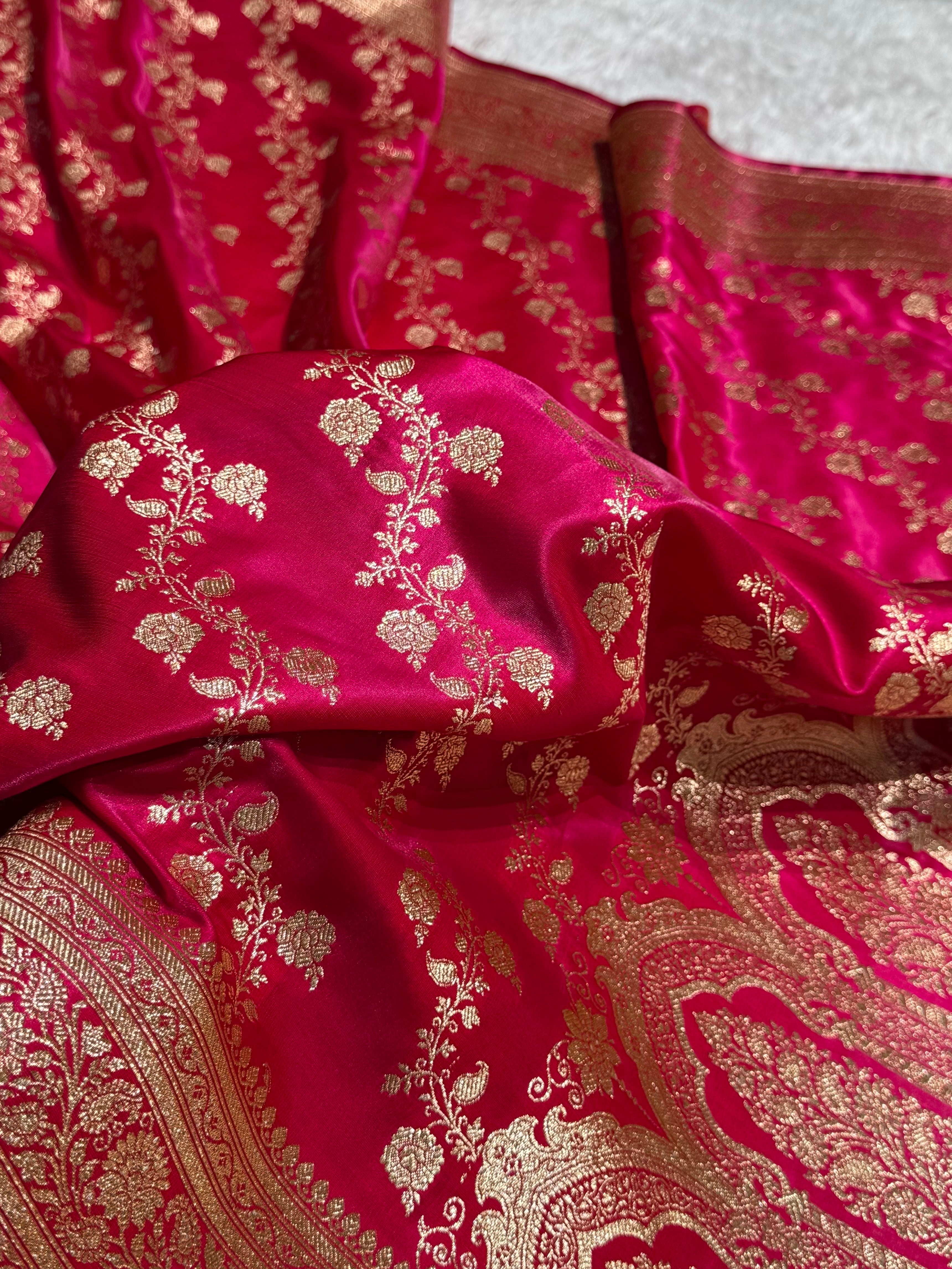 Banarasi Cross Jaal Satin Katan Silk Saree | Jacquard Woven Traditional Banarasi Saree