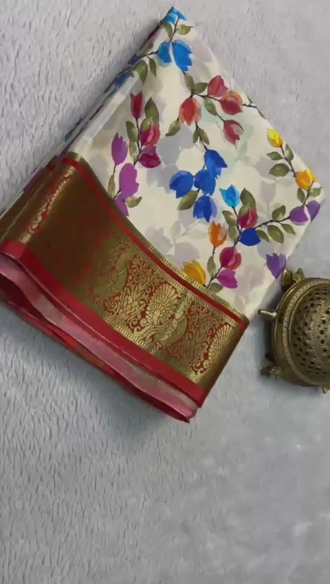 Load video: Fashionable Modern Printed Mysore Crepe Silk with Contrast Pallu