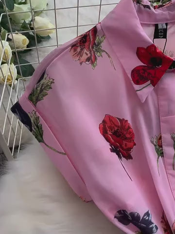 Load video: Women’s Summer Pink Floral Print Midi Shirt Dress