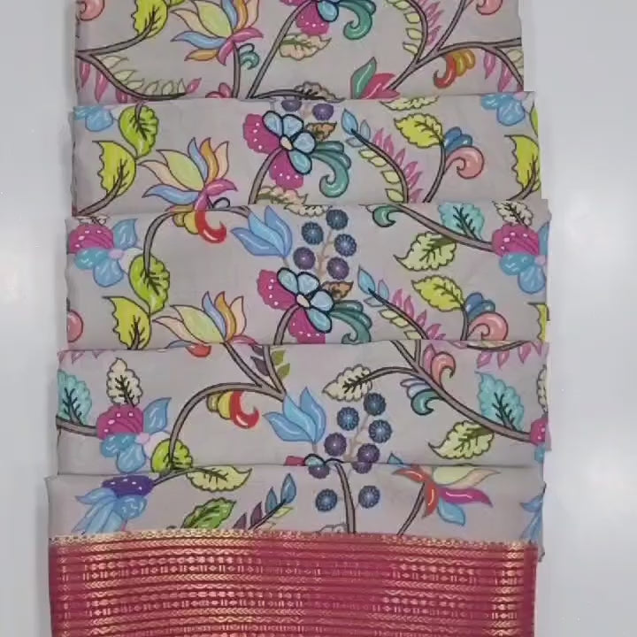 Load video: Digital Kalamkari printed all over saree with zari border
