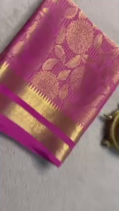Load video: Luxurious Bridal Silk Brocade Saree: Gold &amp; Silver Zari with Rich Floral Checks and Opulent Pallu