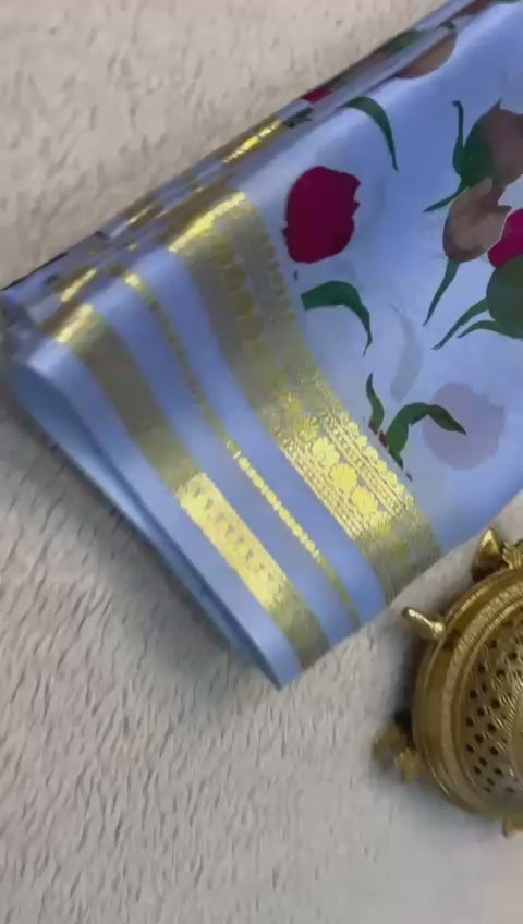 Load video: Gorgeous Floral Print Mysore Silk Sarees with Matching Blouse